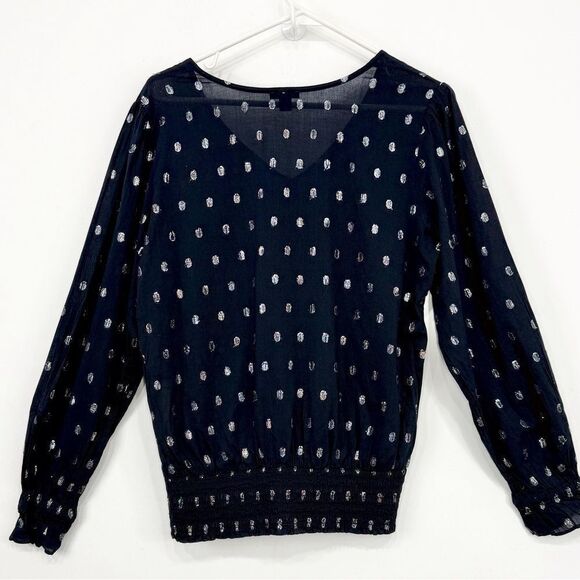 Ann Taylor Factory Navy Blue Silver Metallic Polka Dot Lightweight V Neck Blouse - Picture 6 of 15